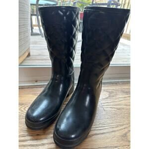 Hunter Quilted Rain Boot Womens 8 Black Gold Buckle Preppy Fisherman